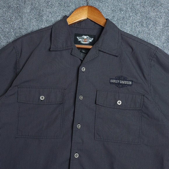 Harley-Davidson Other - Harley Davidson Button Up Shirt Mens Medium Black Pinstripe Embroidered Logo